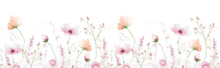 Watercolor floral seamless border. Growing pink and orange, poppy, peony, rose flowers, blush fern branches, peach leaves. Hand drawn style illustration. Artistic template design. © satika
