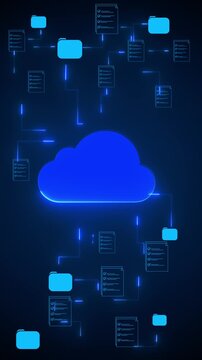 Digital cloud storage documents with connected folders, checklist files, blue neon paths, dark technology layout. online backup videos, enterprise software, file sharing, data systems, cloud overlays.