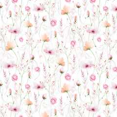 Watercolor floral seamless pattern. Meadow pink and peach poppy, rose, orange peony flowers, blush fern branches, leaves, wild herbs. Hand drawn illustration. Artistic template design © satika