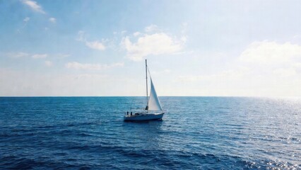 Fototapeta premium Sailboat cruising on calm open sea under clear blue sky
