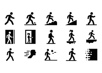 Fototapeta premium 15 Walking icons person exit stairs hiking climbing, outline solid styles, UI and web interface design