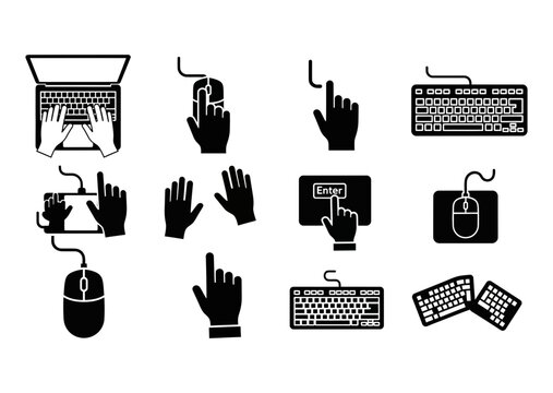 12 Computer hardware icons laptop keyboard mouse and hand gestures, outline solid styles, UI and web interface design