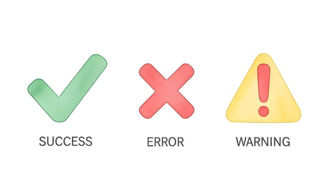 Collection of essential UI feedback icons in a soft, illustrative style green checkmark for success, red X for error, and yellow triangle for warning messages