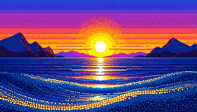 Pixelated illustration of a sunset over the ocean, mountains in the distance and colorful waves in the foreground
