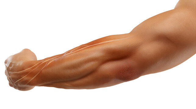 Detailed medical illustration of human arm with highlighted cubital tunnel and nerves anatomy education