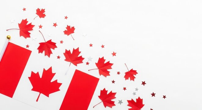 Canada day celebration vibrant red maple leaves flags on white background