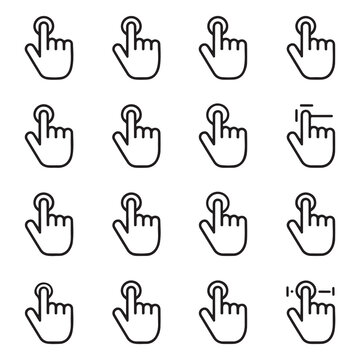 Set of black line icons showing hand finger gestures for touchscreen control and computer mouse clicking actions for user interface design and mobile app navigation
