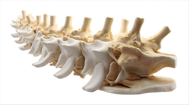 Photorealistic model of human spine with degenerative changes showing vertebrae and discs isolated on white background medical education