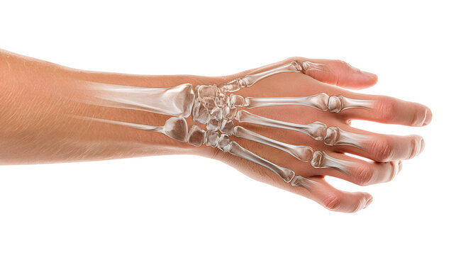Human hand with transparent skin showing distal radius and ulna bones wrist and finger skeleton medical anatomy illustration