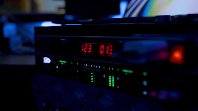 Equipo de audio profesional con indicadores LED y medidores VU en estudio de grabaci&oacute;n - 4K