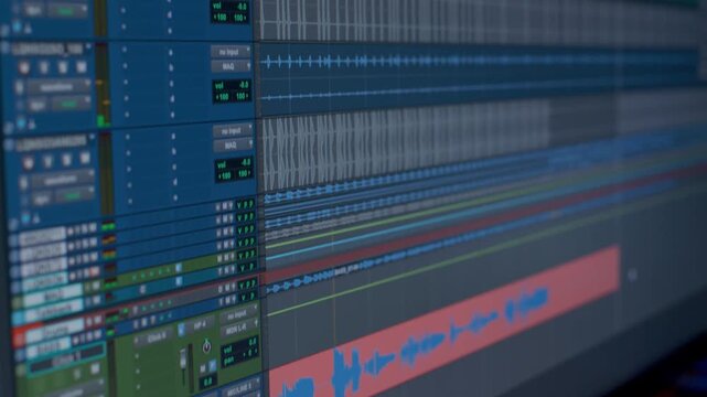 Primer plano de interfaz de estaci&oacute;n de trabajo de audio digital con formas de onda y pistas - 4K