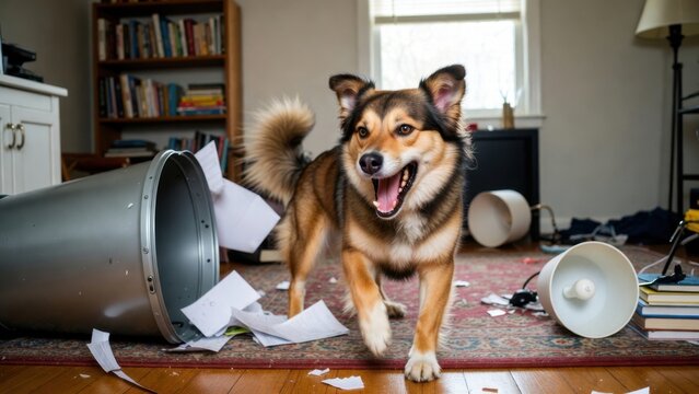 Dog running through tipped trash and papers in living room