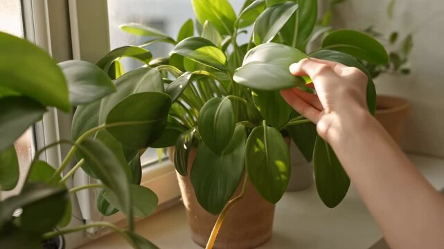 Gentle Plant Care. Soothing Morning Routine Tending To Lush Green Foliage In Cozy Home Setting