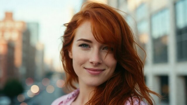 Red haired woman smiling on city street at golden hour