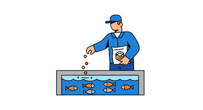 Man feeding fish in aquarium tank.