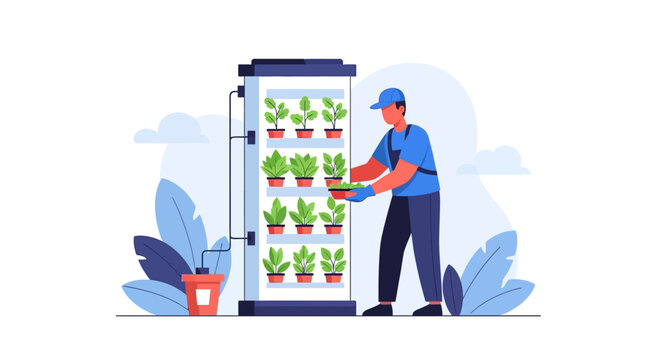 Man holding plant in front refrigerator.