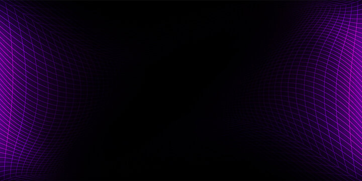 Purple glowing neon wireframe background. Shining checkered vertical grid planes in perspective. Retro futuristic depth wallpaper. Arcade game sci fi matrix surface backdrop for poster, banner. Vector