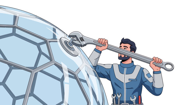 Man in blue spacesuit holding wrench.