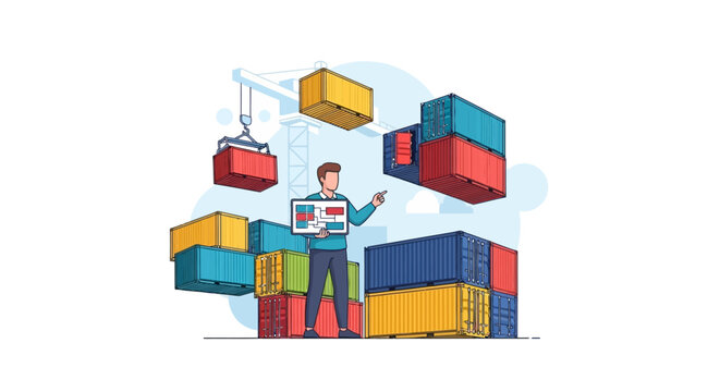 Man interacting with floating shipping containers.