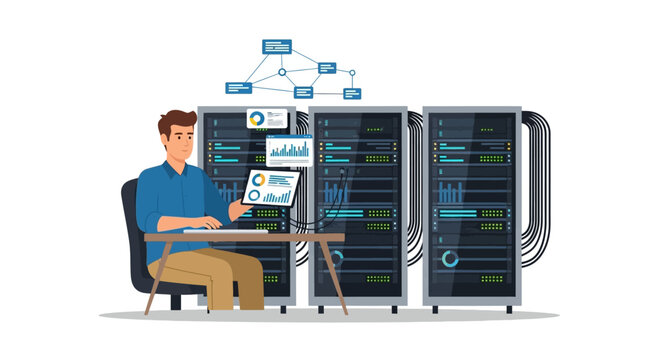 Man working on computer server system.
