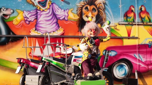 Colorful clown puppet performs with juggling balls in front of vibrant circus mural featuring animals and classic cars, showcasing a lively carnival atmosphere