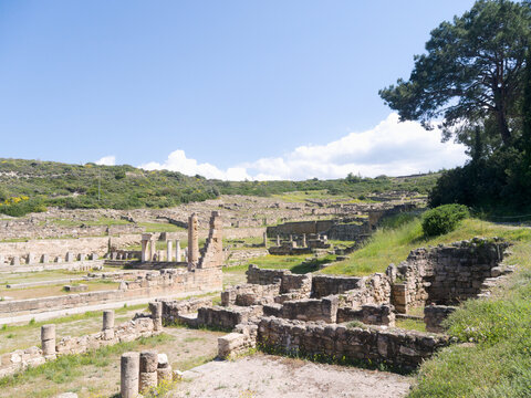 Classical ancient Kamiros, Rhodes, Greece. View of the excavated Doric city set on a hillside above the Aegean.  One of the three city states of the island. Well preserved Hellenistic city.