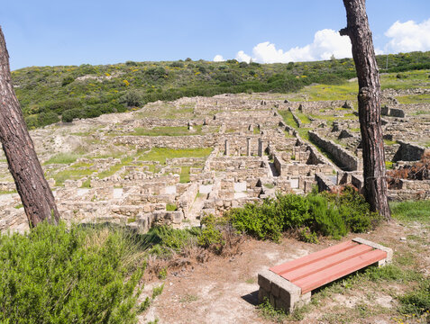 Ancient  Kamiros, Rhodes, Greece. View of the historic excavated Doric city set on a hillside above the Aegean.  One of the three city states of the island. Well preserved classical city.