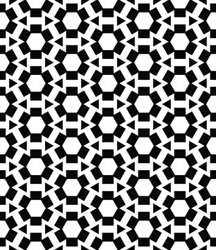A complex tessellating geometric pattern of hexagons and triangles offers a dynamic and modern abstract design for backgrounds.