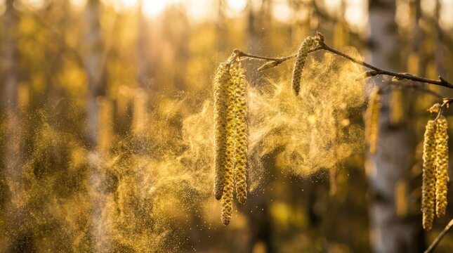 Birch pollen cloud with catkins releasing airborne yellow pollen particles for seasonal allergy background and nature detail for awareness and education