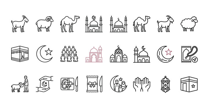 Islamic eid al adha line icon set featuring sacrifice animals and religious symbols on transparent background.