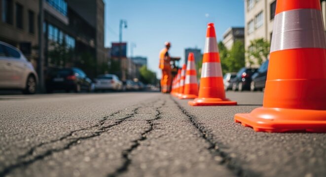 Road repair with cones and cracks in asphalt surface.