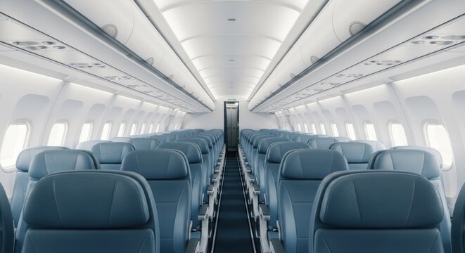 Interior of a passenger airplane cabin with blue seats.
