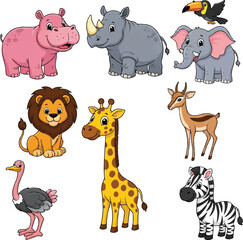 Naklejka premium Cute Cartoon African Savannah Animals Vector Illustration Set