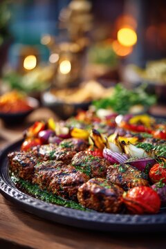 Grilled kebab platter for eid al adha feast and menu background showing roasted lamb skewers with vegetables garnish for communal celebration and hospitality