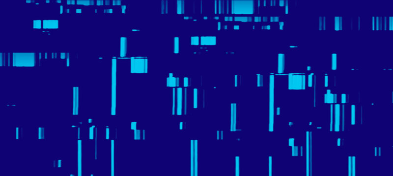 Abstract glitch background with blue digital noise distortion effect and pixelated horizontal lines for futuristic technology design projects vibrant cyber data stream concept across dark blue space.
