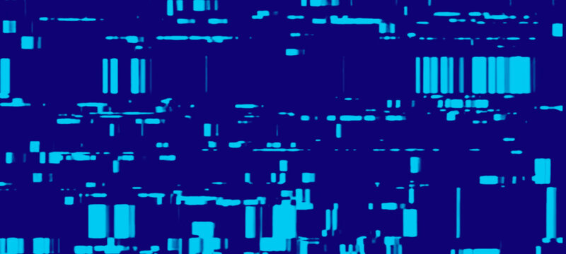 Horizontal digital glitch pattern with cyan pixel fragments and noise distortion on navy blue backdrop for electronic communication design concepts or abstract technology data visualization themes.