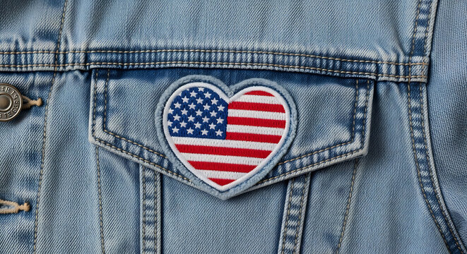 american flag heart patch on faded blue denim jacket close-up for patriotic fashion and national pride