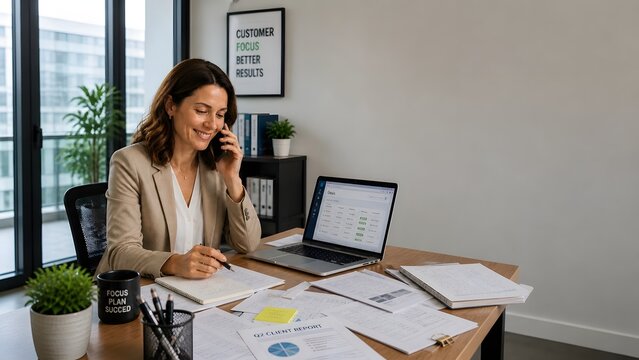 Account Manager Resolving Client Issue Successfully During Phone Call in Office