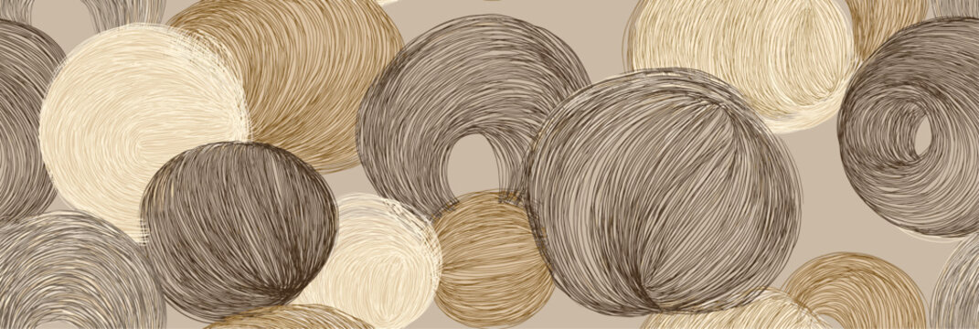 Abstract seamless repeat pattern with swirling circles in natural tones. Abstract seamless repeat pattern featuring swirling circular shapes over a linen texture background