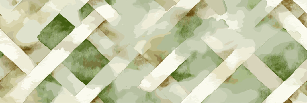 Shabby chic watercolor lattice pattern designing elegant background. Seamless lattice pattern creating a rustic watercolor background in muted green and beige tones