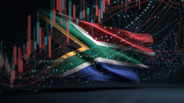 South Africa flag waves over stock market data and trading charts in motion