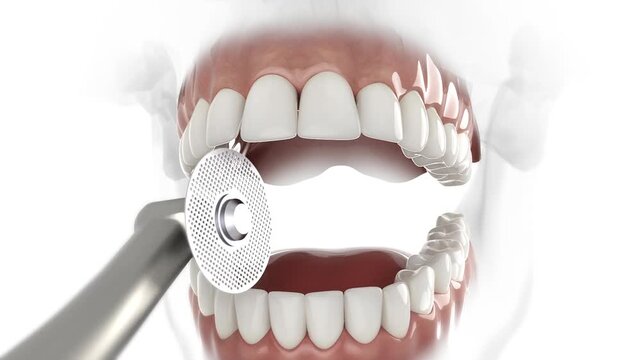 3D animation demonstrating a dental interproximal reduction (IPR) procedure using a rotating disc to create space between teeth.
