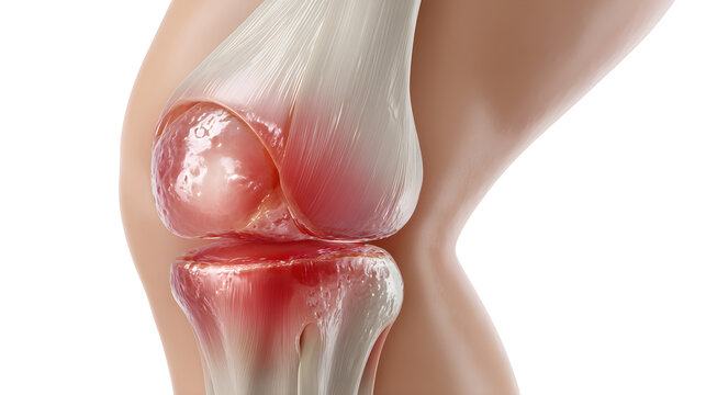 Photorealistic illustration of a human knee with highlighted patellar tendinopathy
