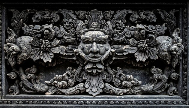 Ornate, carved stone panel depicting a grotesque face with floral and foliate ornamentation, possibly temple detail