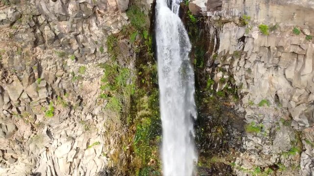 Banias Waterfall, Golan Heights, Natural Cascade, Aerial Top-down Shot with Drone