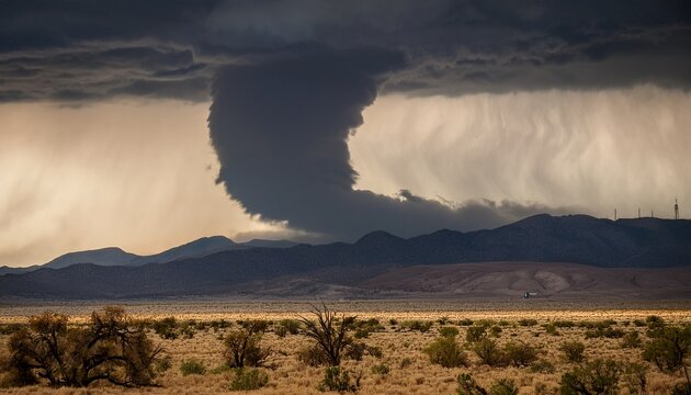 dramatic tornado touching down in arid landscape with mountains