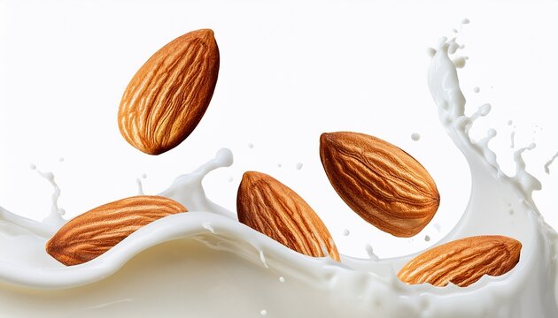 almond nuts splashing in creamy milk wave white background cutout background