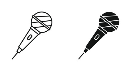 Dynamic handheld vocal microphone icon set in linear and solid black vector format for podcast and live performance branding © Micro