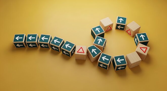 A winding line of wooden blocks with various directional arrows and warning symbols arranged on a smooth yellow background suggesting a journey or decisionmaking process