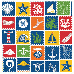 Exotic summer seamless pattern, coastal Mediterranean mosaic repeat background, travel surf print. Tropical abstract texture, hand drawn ocean tile decoration banner. Aloha beach summer pattern © bow